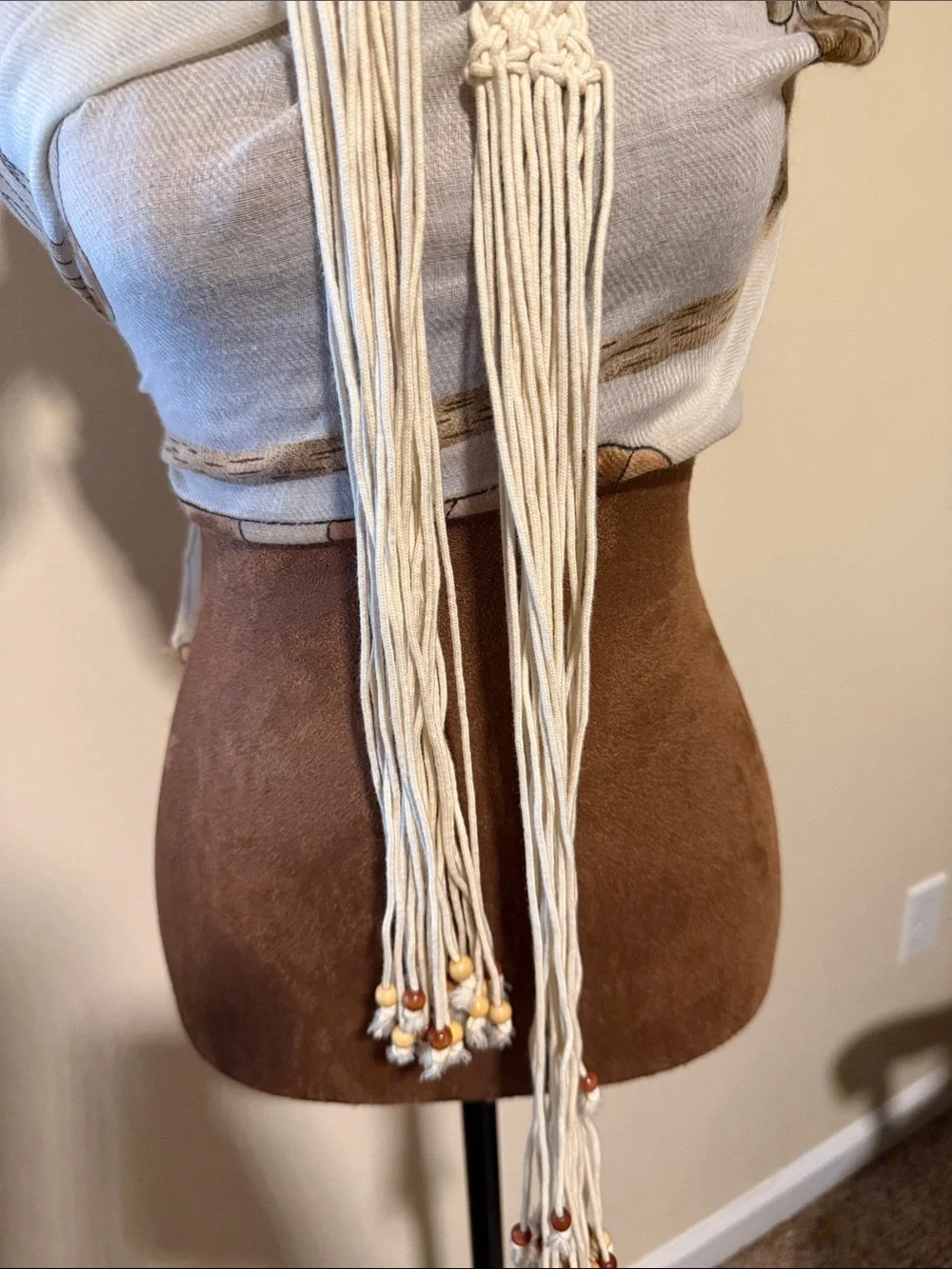 Macramé Fringe Tie Belt with Wooden Bead Detail — Cream and Brown